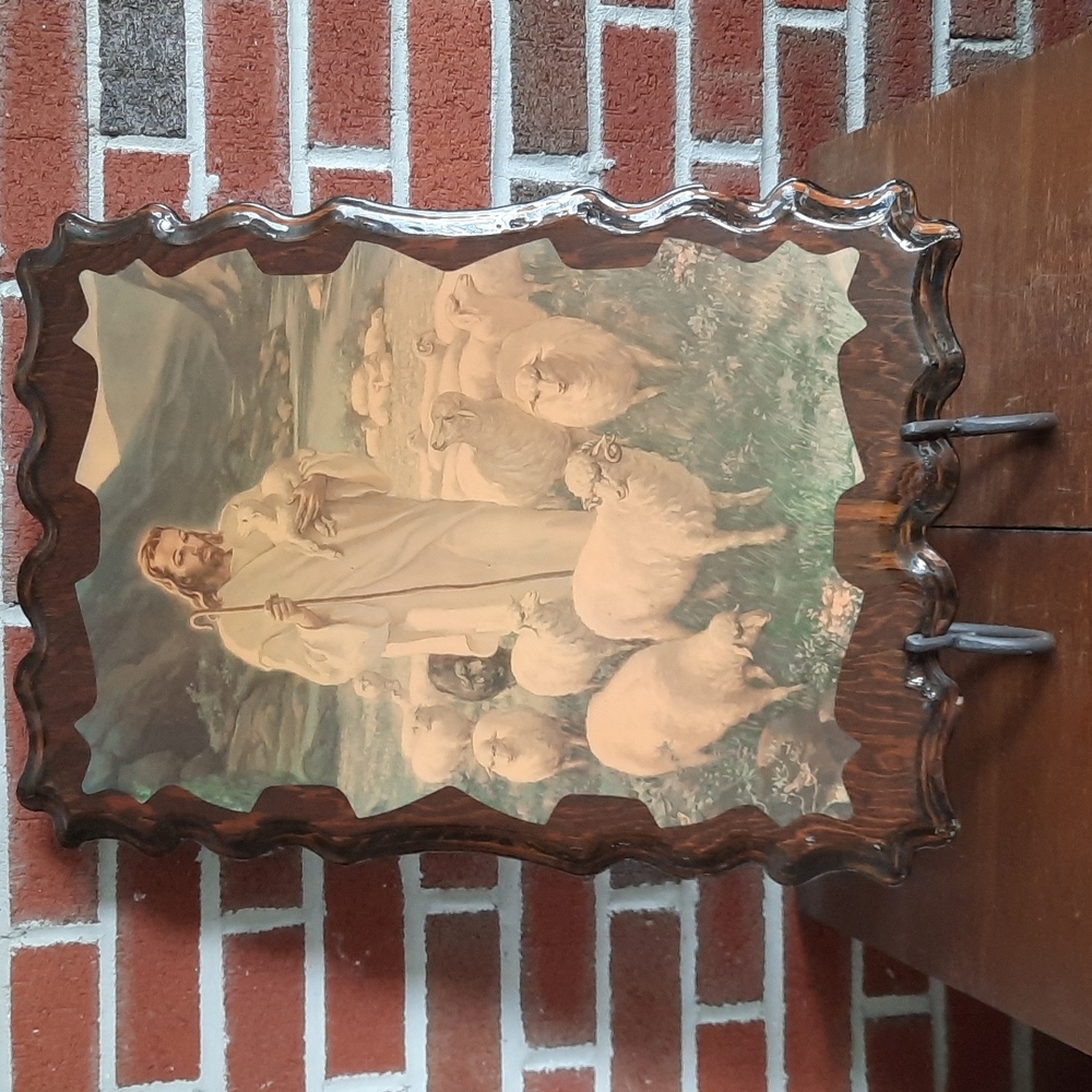 Vintage Jesus and Sheep Print on Aged Wood Plank